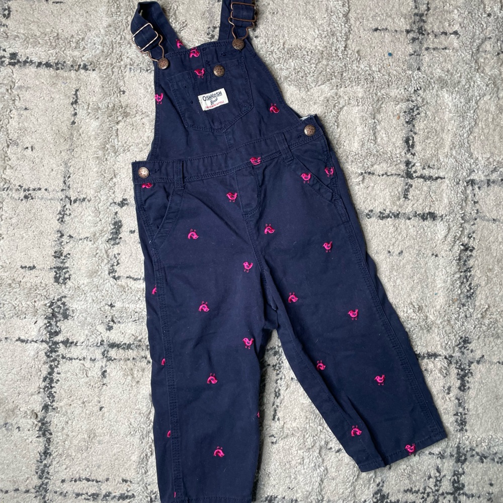 OshKosh Navy Bibbed Overalls + Light Khaki Old Navy Cargo Pants